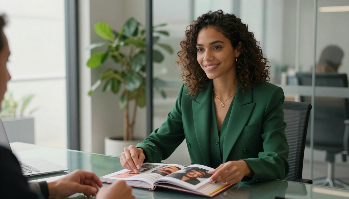 Female music label manager presenting open roster flipbook to colleague in modern glass-walled office