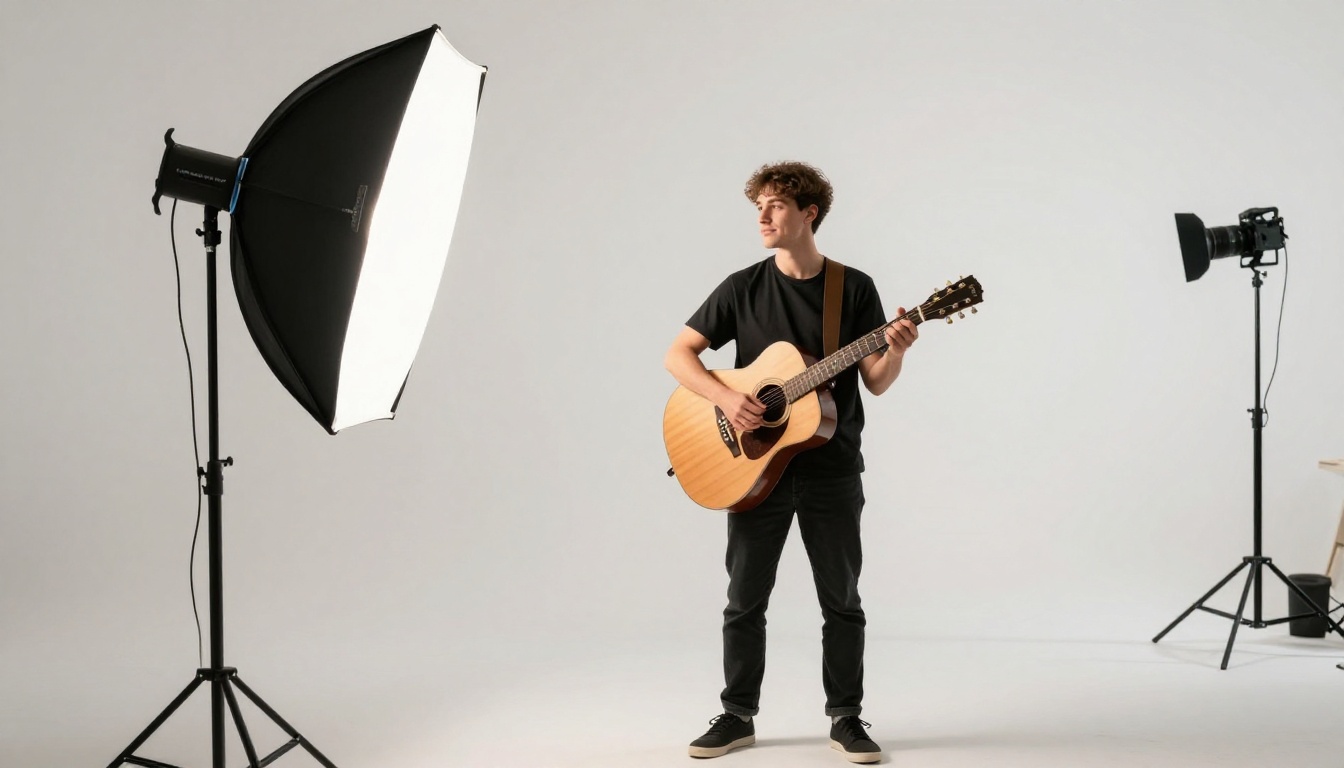 Professional musician standing in white photography studio holding acoustic guitar during photoshoot