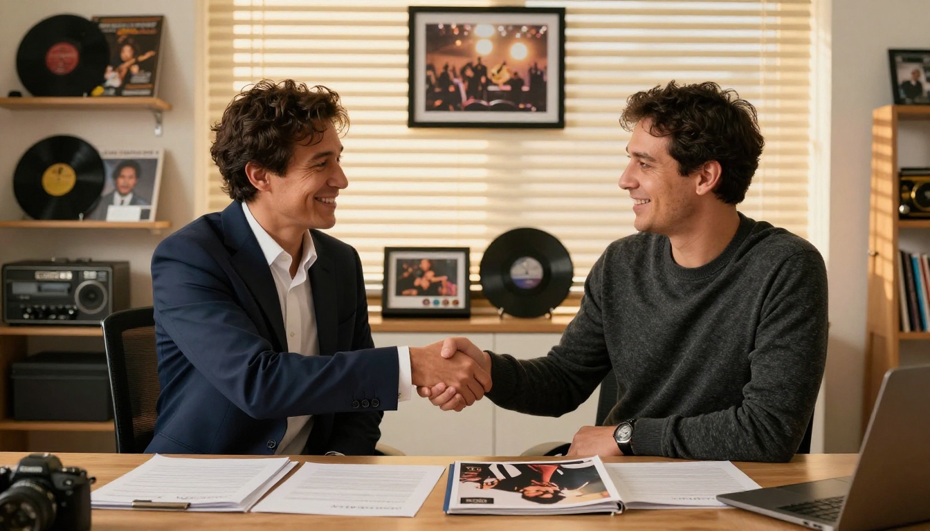 Two music industry professionals shaking hands across a desk with open artist portfolios visible