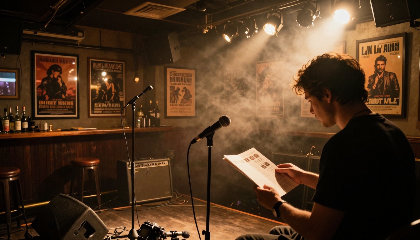 Live music venue interior with manager reading artist roster publication in the pit area near the stage
