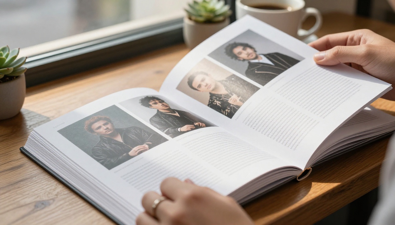 Close-up of hands turning pages of a well-crafted artist roster booklet at a wooden cafe table