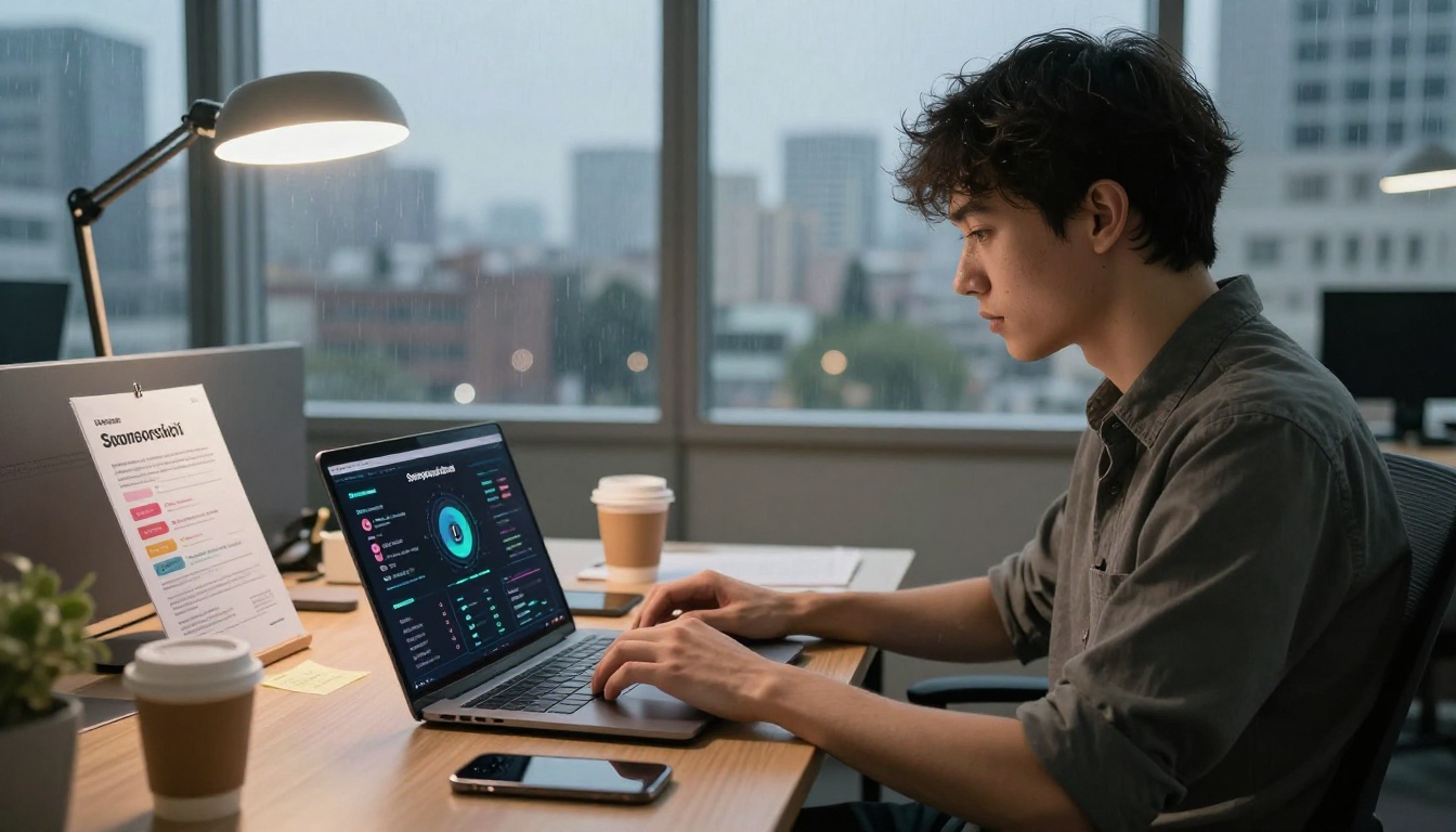 Esports team manager building a digital sponsor deck at his desk