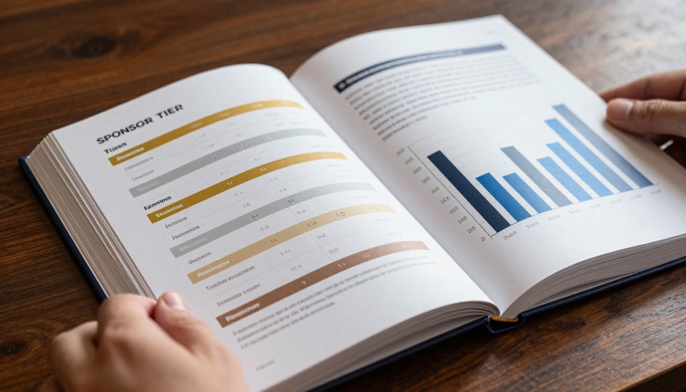 Close-up of esports sponsorship flipbook pages showing sponsor tier chart and performance stats