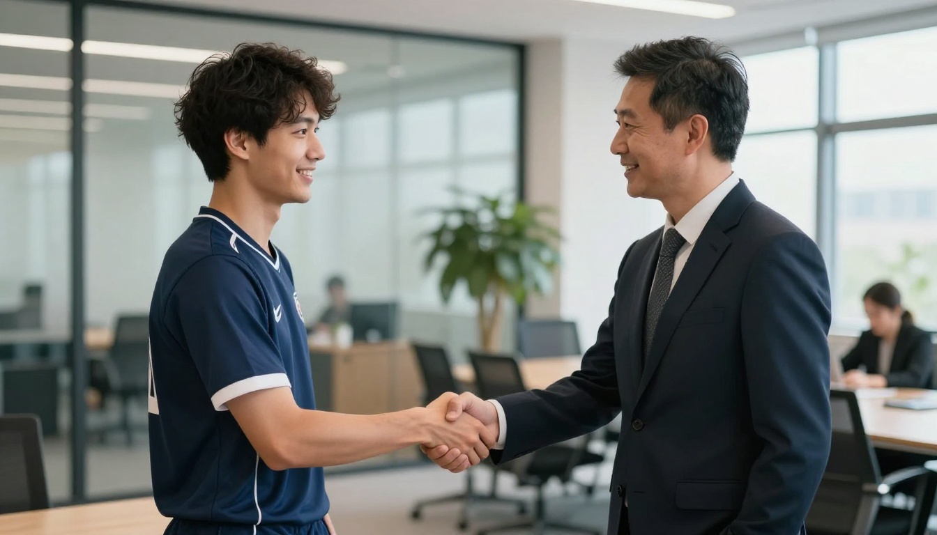 Esports player shaking hands with corporate sponsor representative in an office