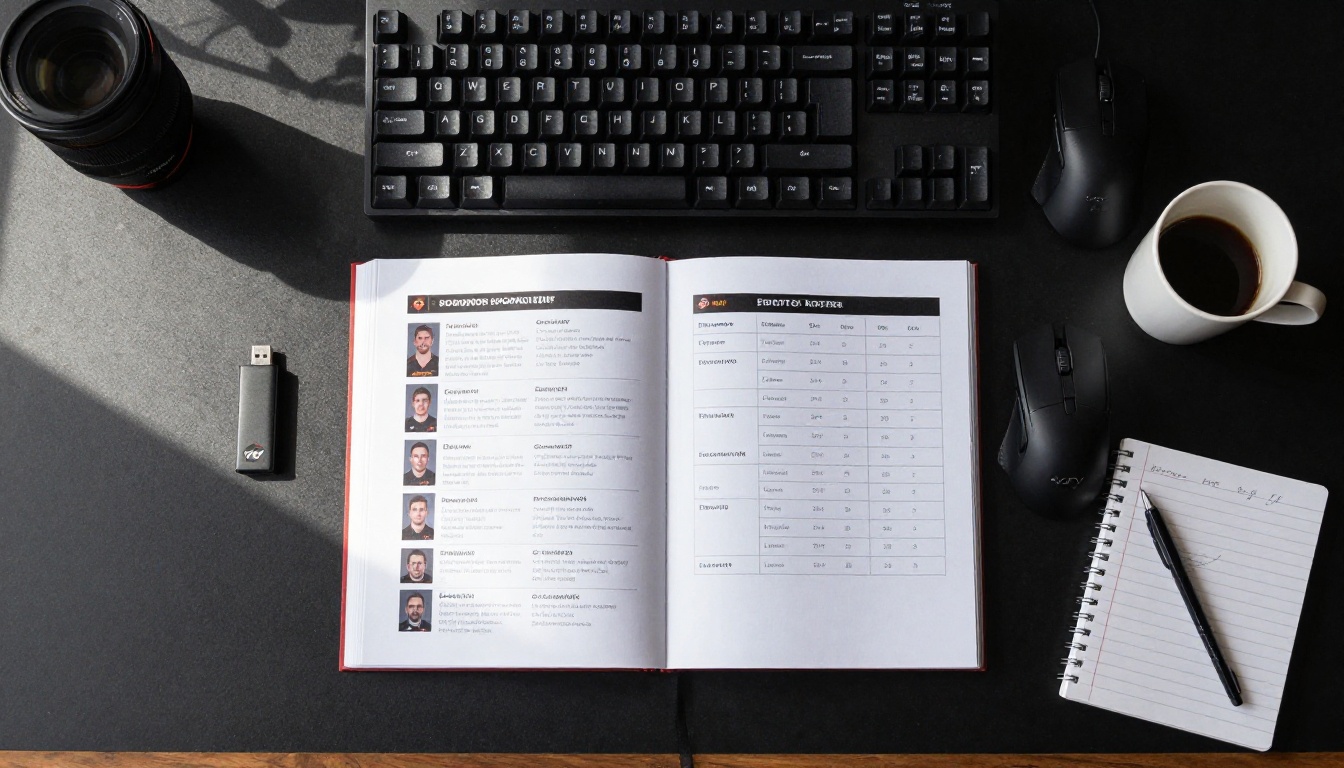 Flat lay aerial view of esports sponsorship materials with keyboard, mouse and open flipbook document