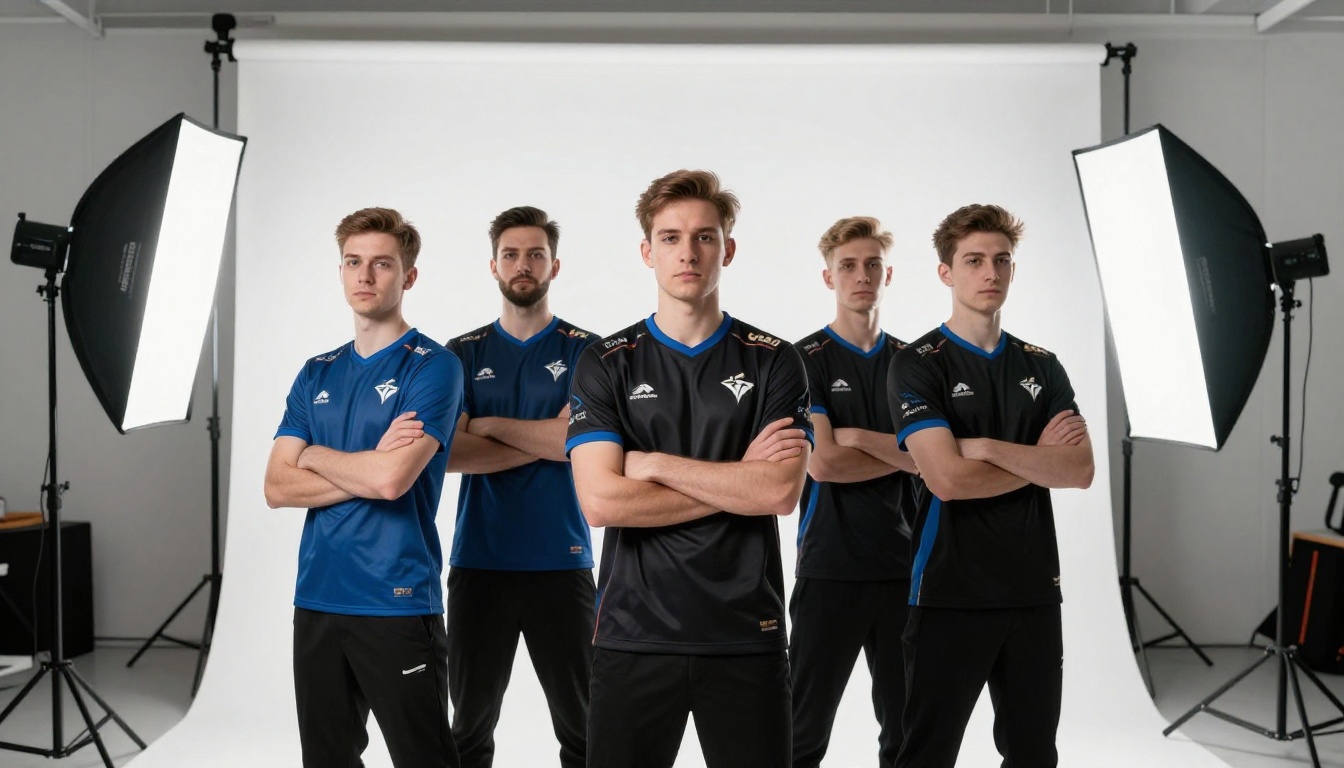 Professional esports team photo shoot for sponsor media kit in white cyclorama studio