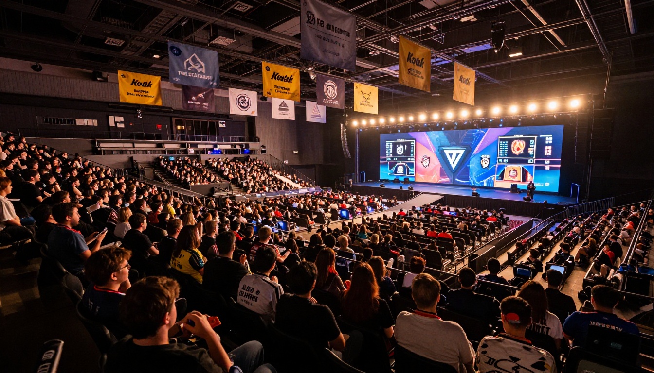 Packed esports tournament arena with sponsor banners hanging from the ceiling during live competition Packed esports tournament arena with sponsor banners hanging from the ceiling during live competition