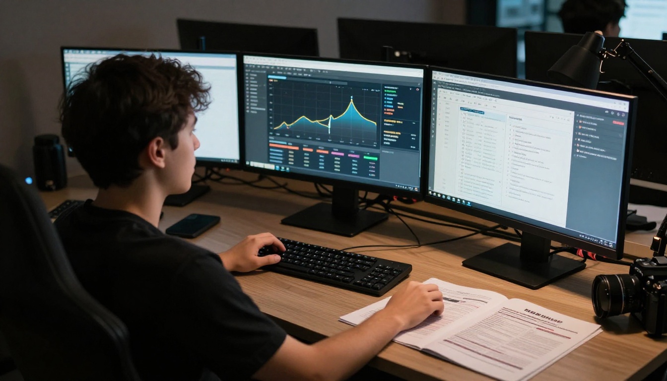 Young esports analyst reviewing sponsorship analytics across multiple monitors in a professional gaming office Young esports analyst reviewing sponsorship analytics across multiple monitors in a professional gaming office