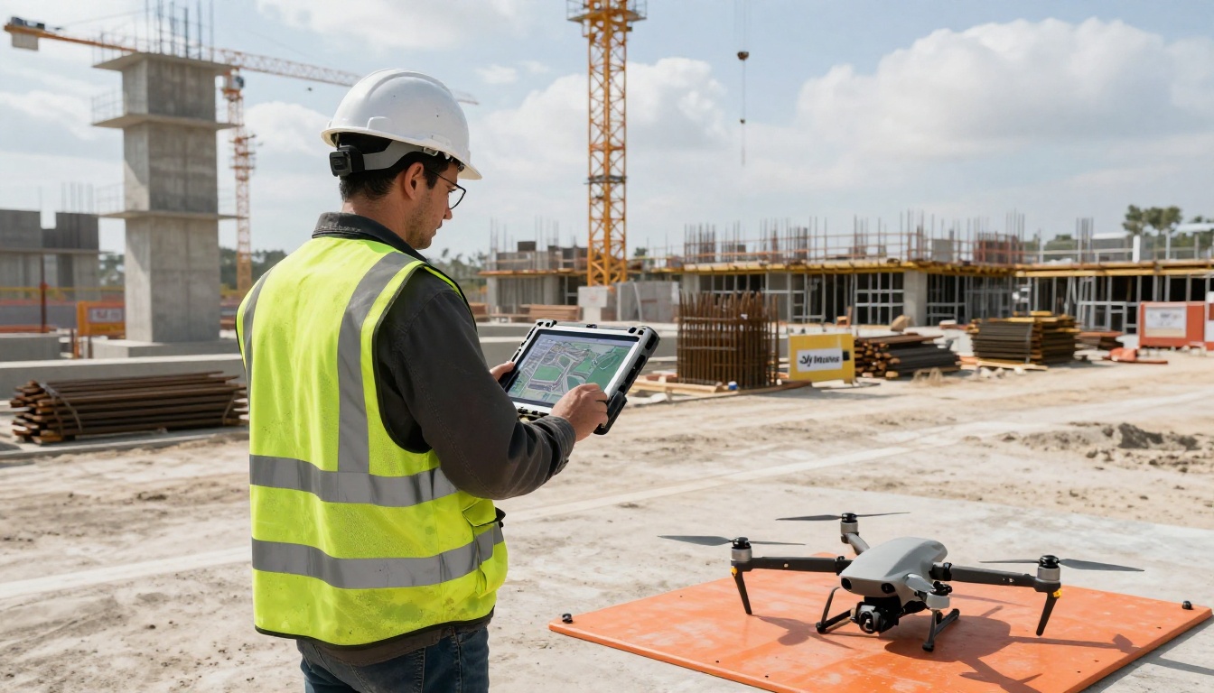 Drone operator at a construction site reviewing a 3D survey map on a tablet