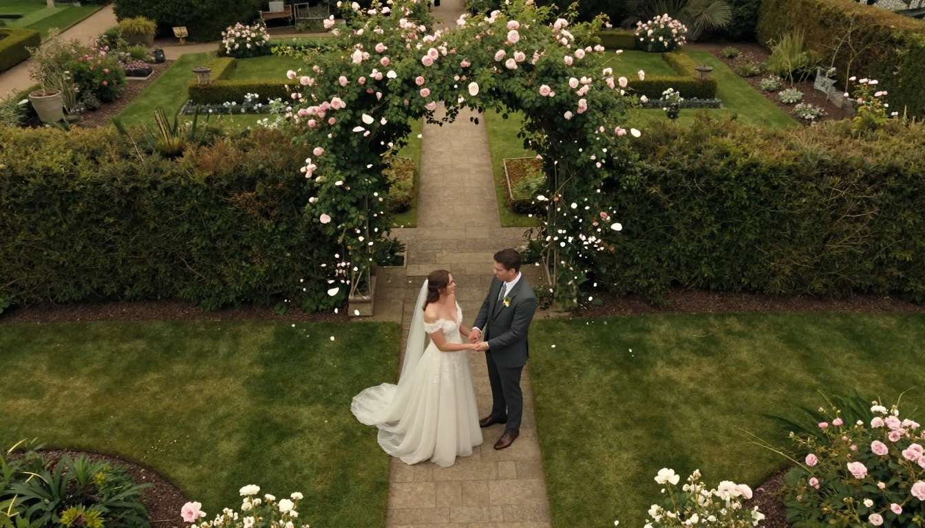 Aerial drone view of a wedding couple in a garden with confetti