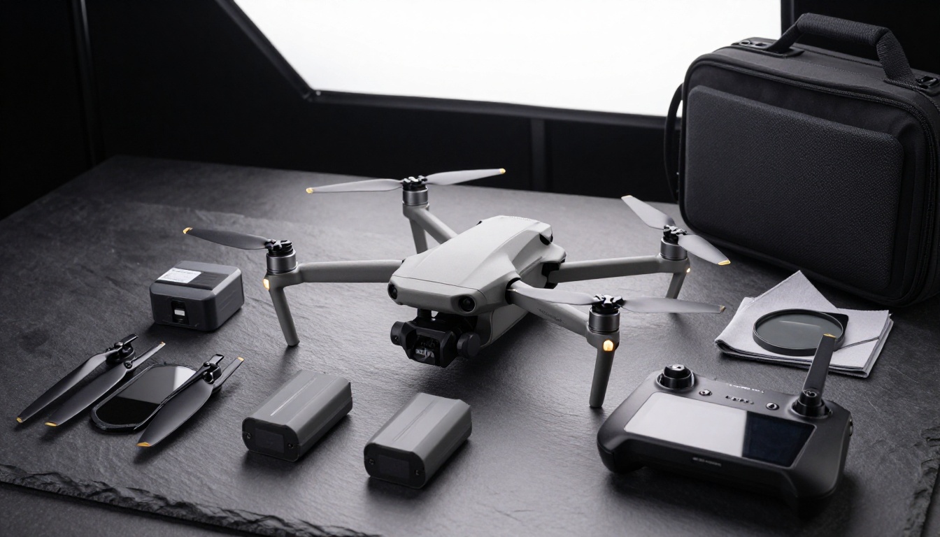 Professional drone equipment laid out on a dark slate surface
