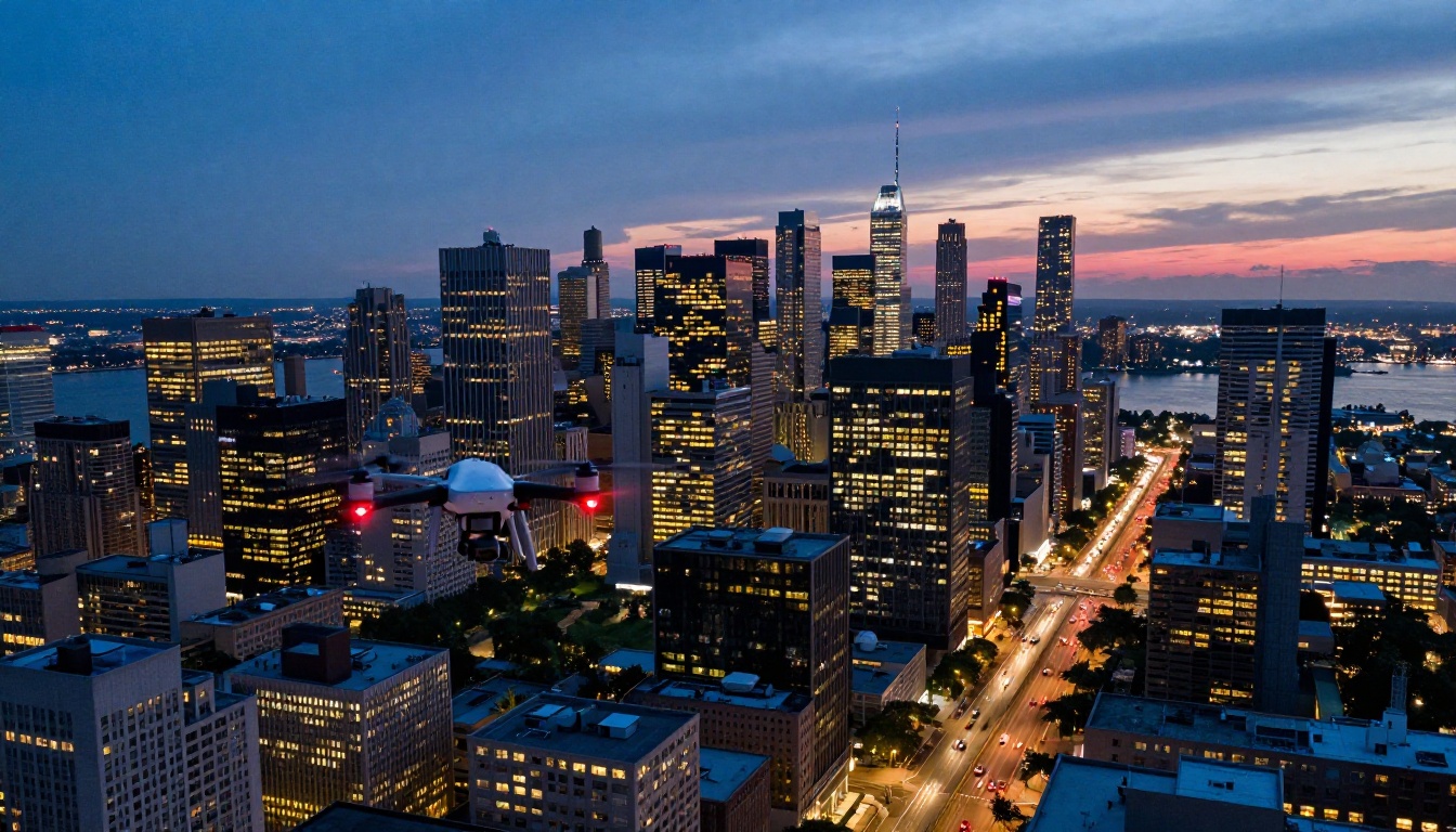 Commercial drone filming a metropolitan city skyline at dusk