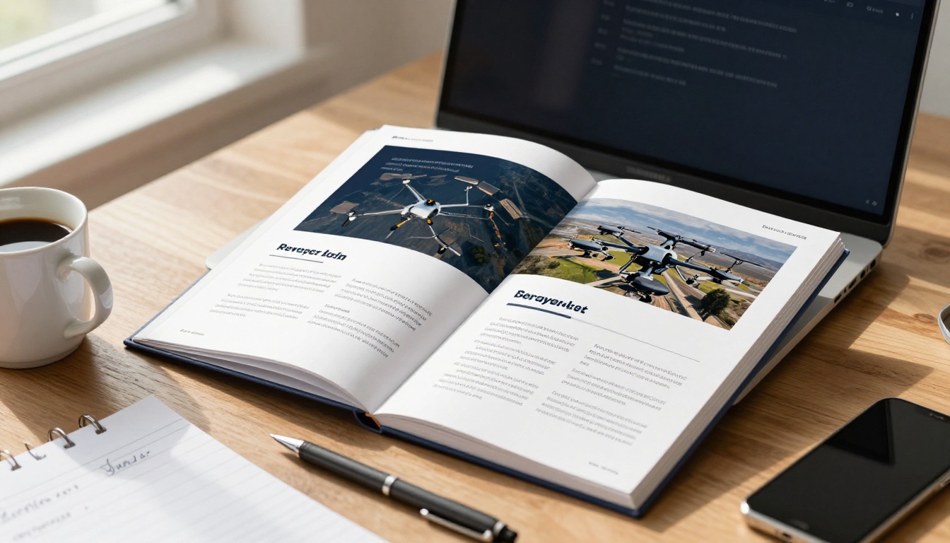 A professional viewing a drone services digital brochure on a laptop