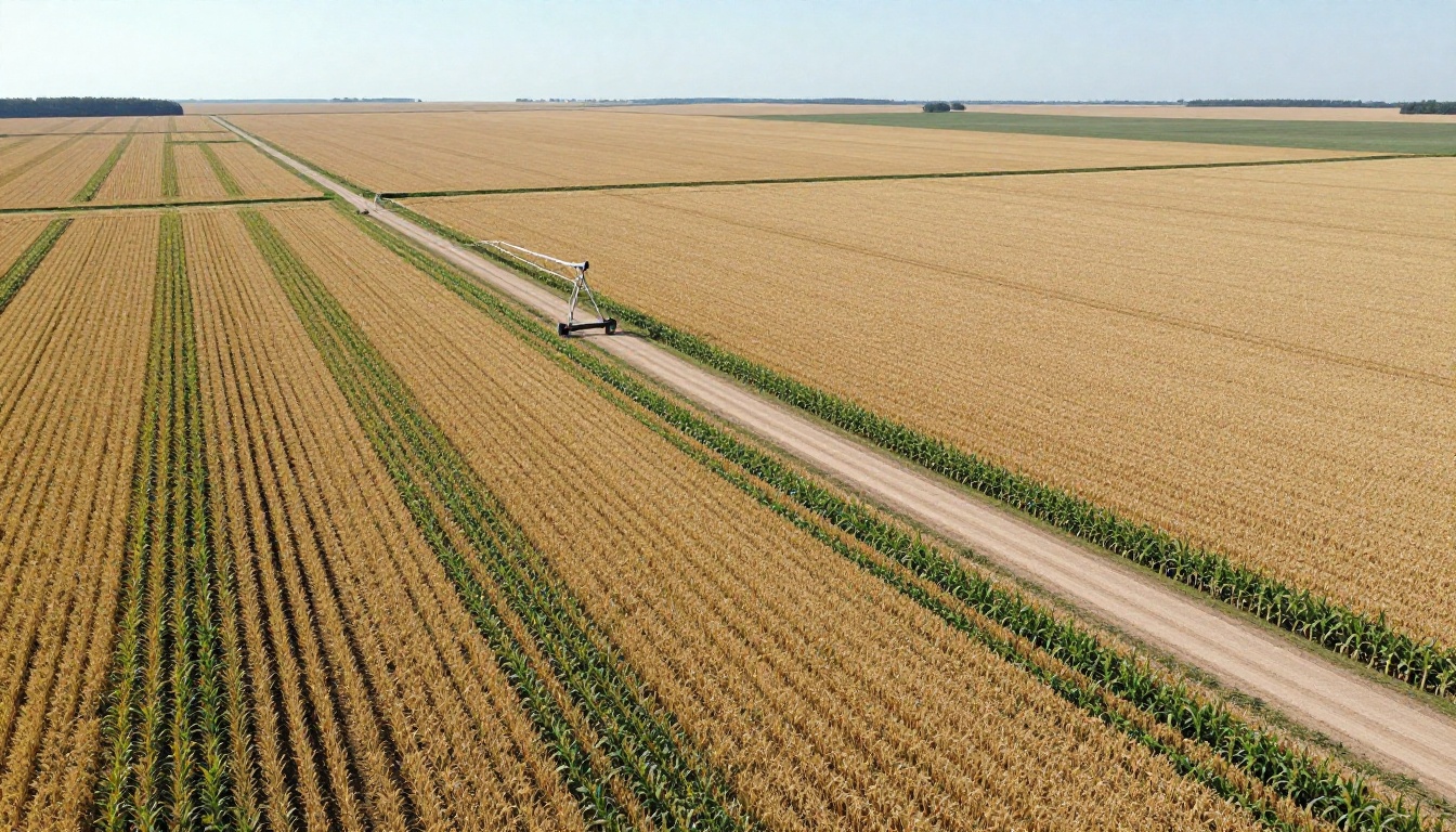 High-altitude aerial view of geometric agricultural crop fields