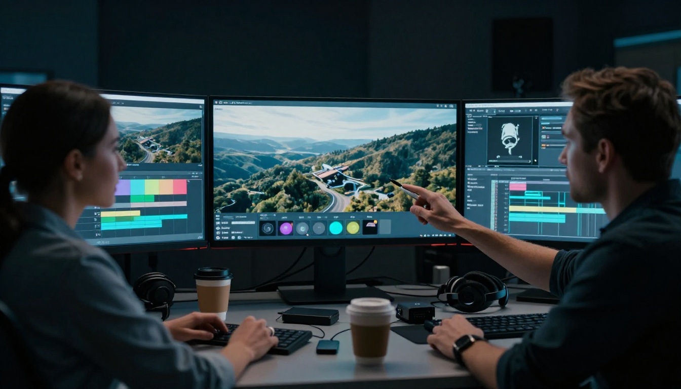Two professionals reviewing aerial drone footage at a post-production workstation