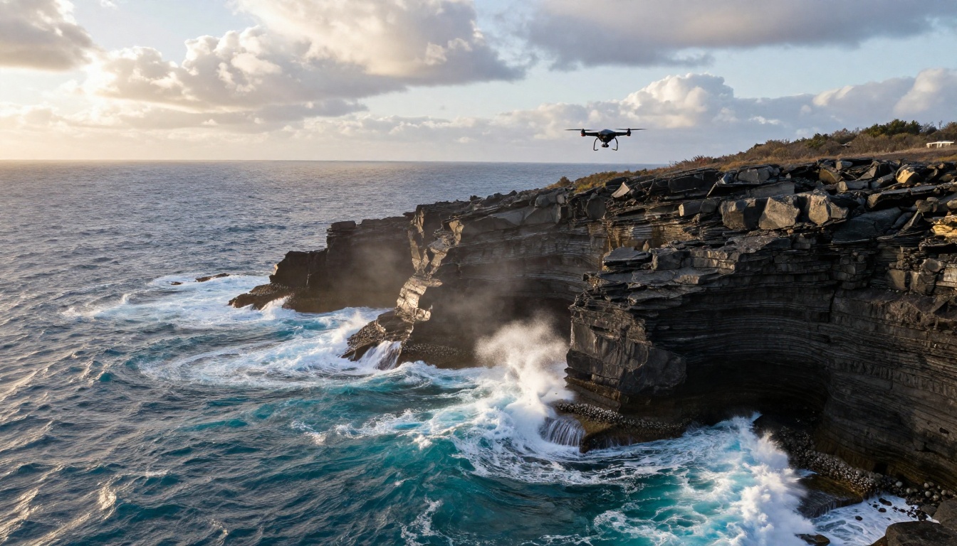 A drone hovering above a dramatic coastal cliff with crashing ocean waves below