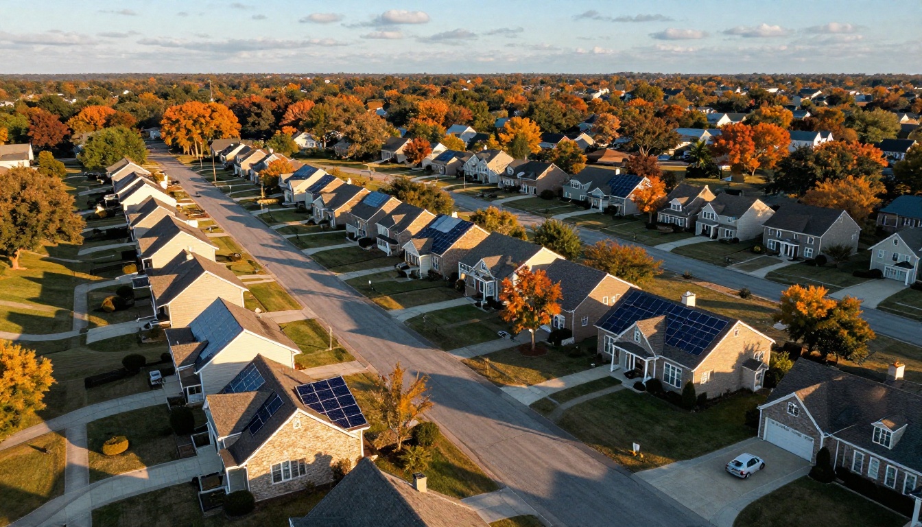 Aerial drone view of American suburb with solar panels gleaming on rooftops at golden hour