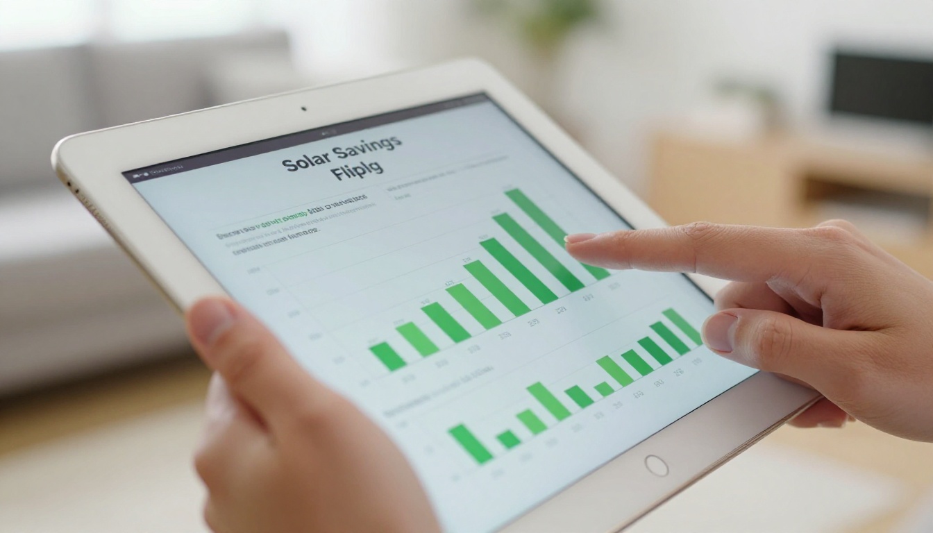 Woman's hands mid-swipe on iPad showing colorful solar savings flipbook with bar charts