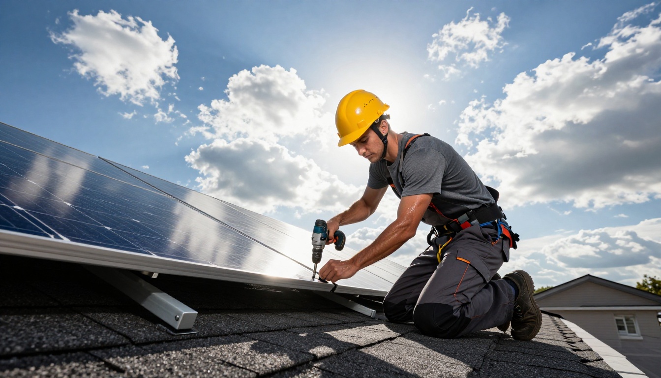 Solar installation technician kneeling on residential rooftop, dramatic low angle against blue sky