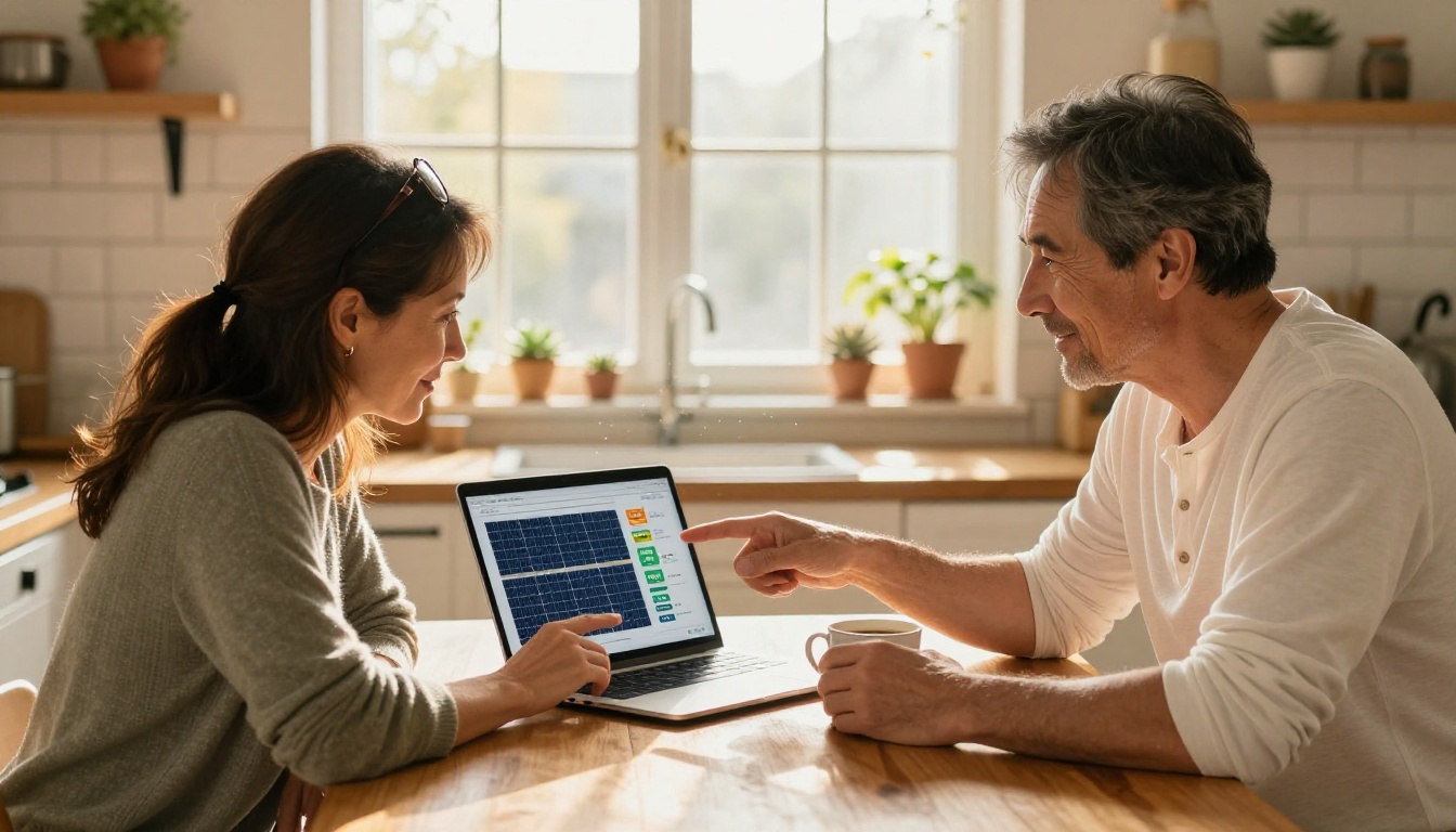 Middle-aged couple reviewing solar proposal on laptop at kitchen table in warm morning sunlight