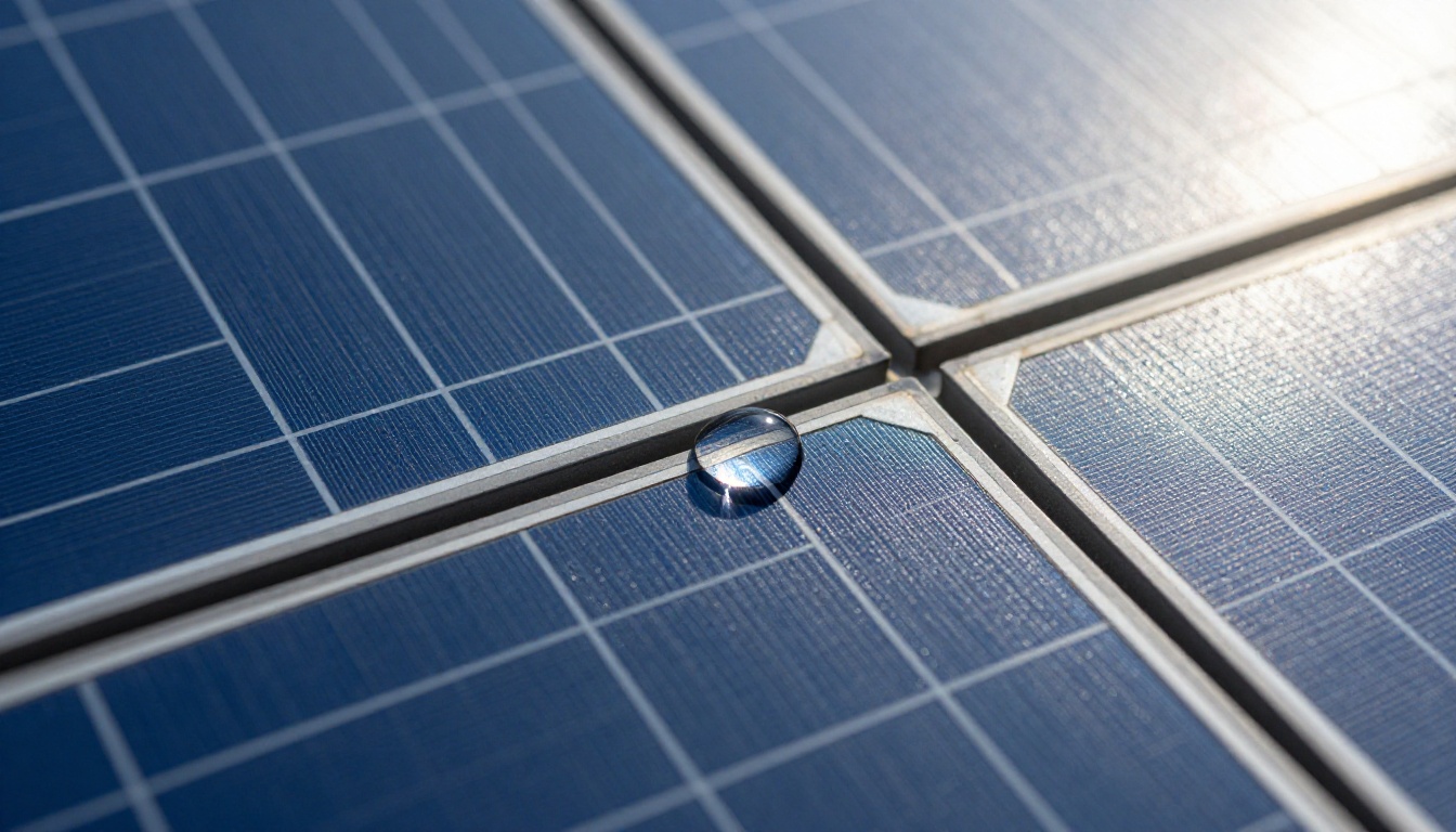 Extreme close-up macro of monocrystalline solar panel cells with water droplet refracting sky Extreme close-up macro of monocrystalline solar panel cells with water droplet refracting sky