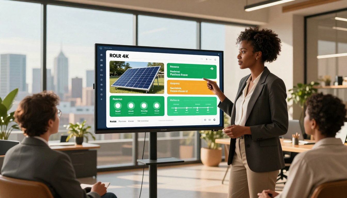 Professional solar consultant presenting solar savings flipbook on large office monitor to clients Professional solar consultant presenting solar savings flipbook on large office monitor to clients