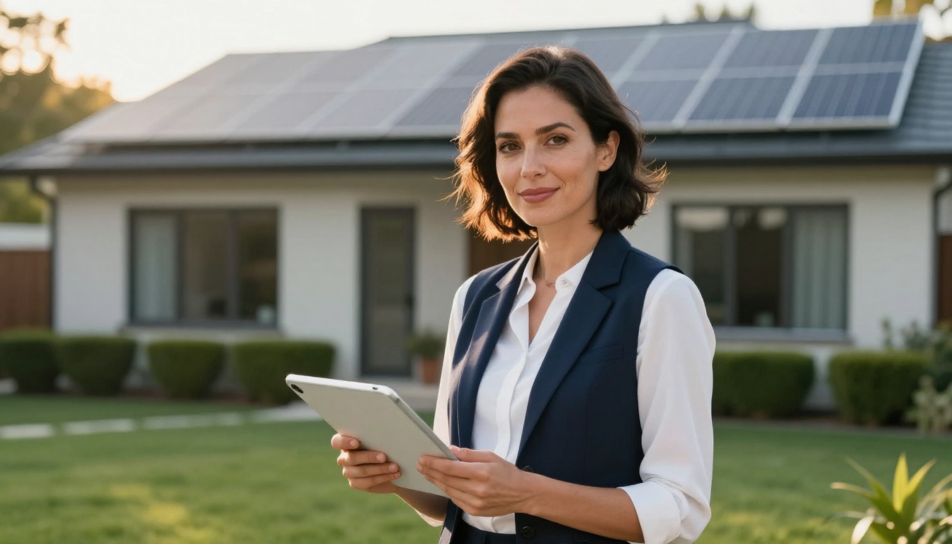 Female solar sales rep standing outdoors with iPad showing solar flipbook, solar panels on roof behind her Female solar sales rep standing outdoors with iPad showing solar flipbook, solar panels on roof behind her