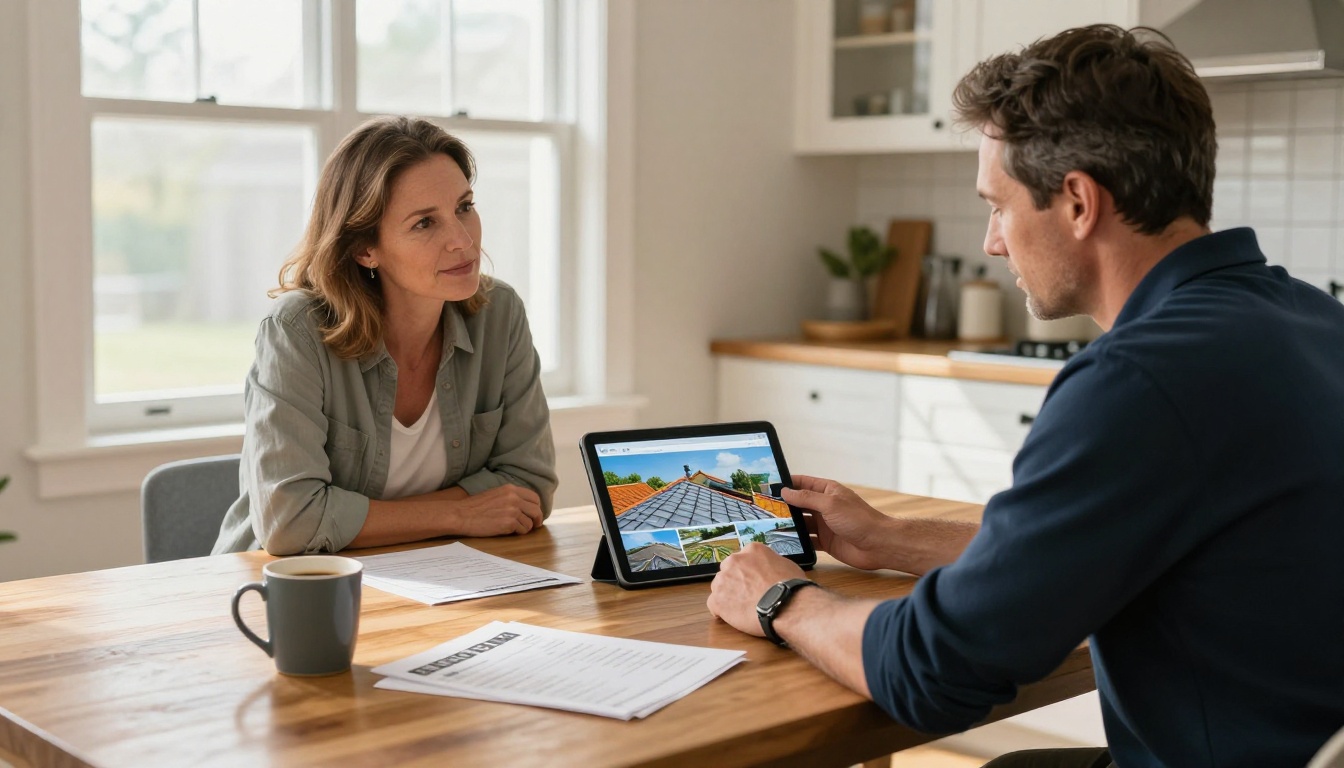 A roofing contractor reviews a digital flipbook brochure with a homeowner couple at their kitchen table A roofing contractor reviews a digital flipbook brochure with a homeowner couple at their kitchen table