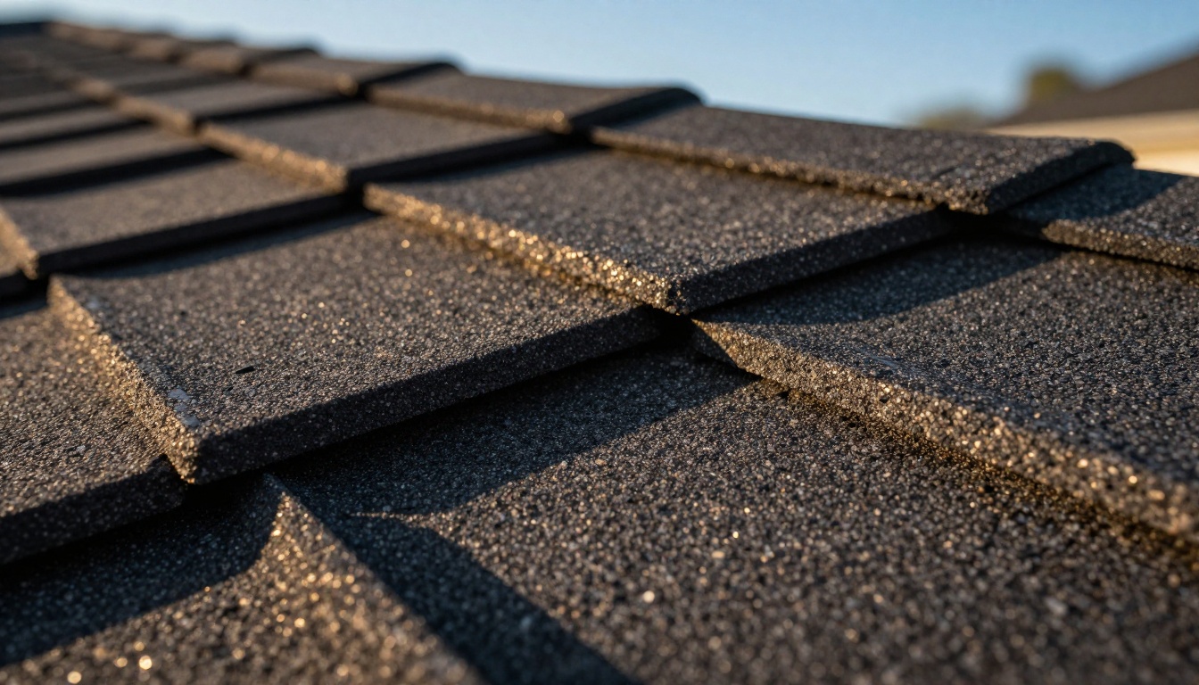 Close-up macro texture of freshly installed dark charcoal architectural asphalt shingles Close-up macro texture of freshly installed dark charcoal architectural asphalt shingles