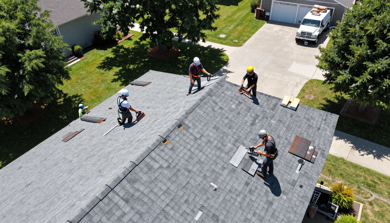 Aerial view of a roofing crew installing new architectural shingles on a residential home Aerial view of a roofing crew installing new architectural shingles on a residential home