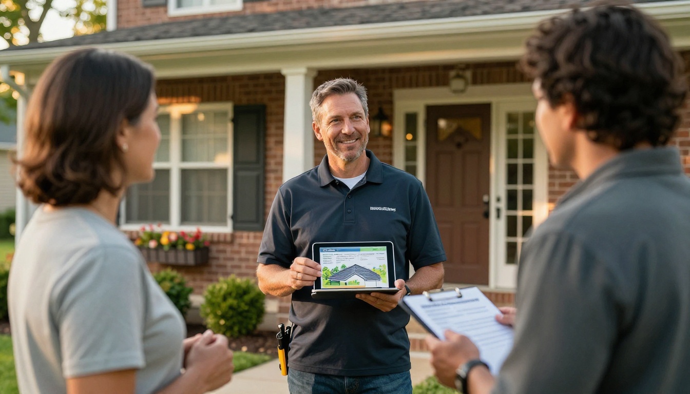 A roofing contractor presents a digital brochure on a tablet to homeowners at their front door A roofing contractor presents a digital brochure on a tablet to homeowners at their front door