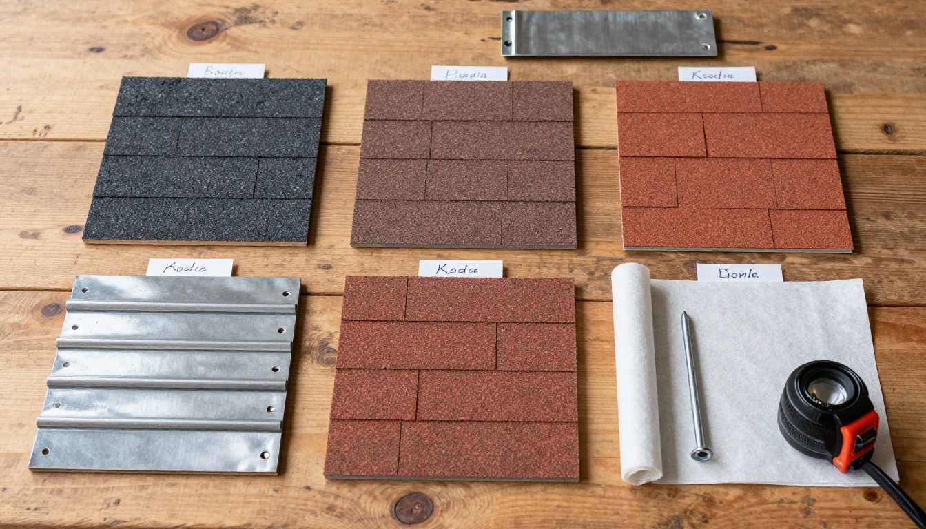 Roofing material samples including asphalt shingles in multiple colors and underlayment laid out on a work table Roofing material samples including asphalt shingles in multiple colors and underlayment laid out on a work table