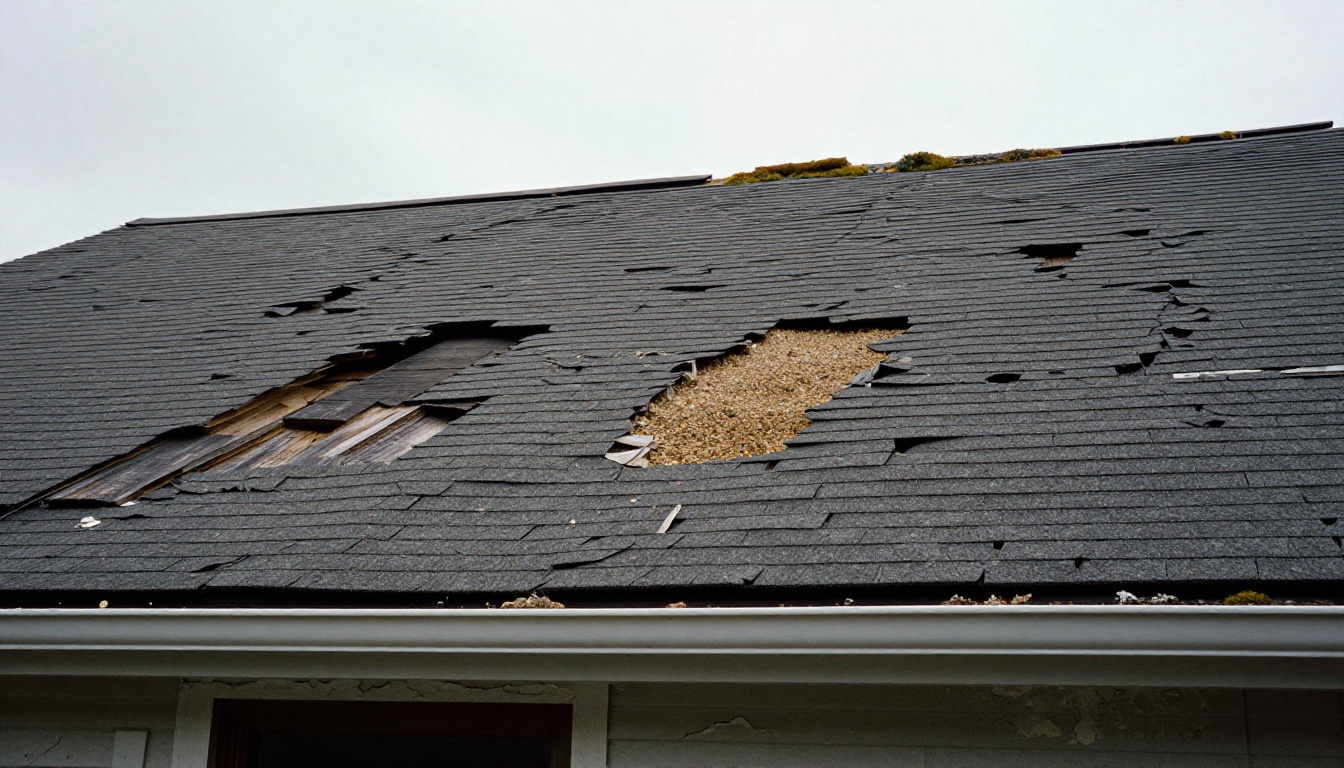 A severely damaged residential roof with curling, cracking shingles and missing sections visible