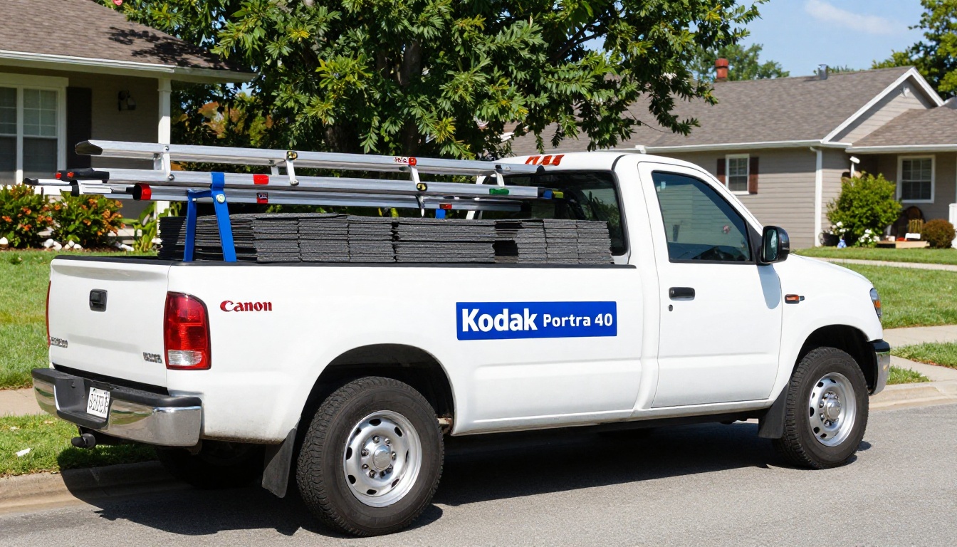 A professional roofing company white work truck loaded with shingles and ladders parked on a suburban street
