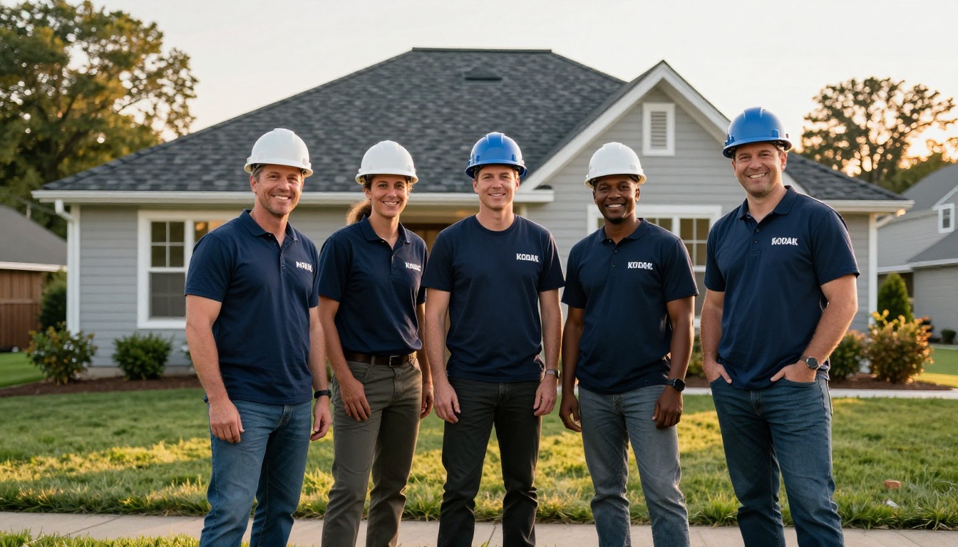 A diverse roofing crew of five workers in matching branded shirts standing in front of their finished roof project
