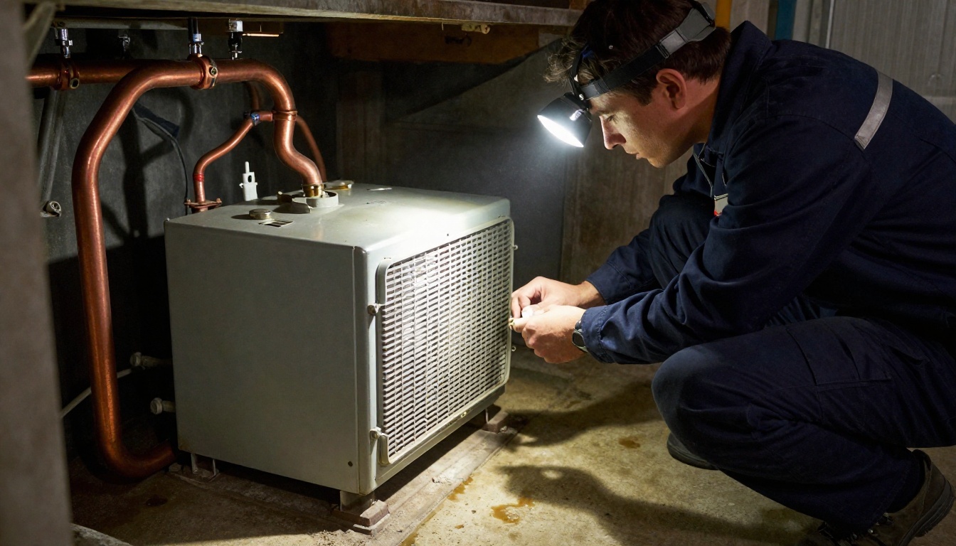 HVAC technician inspecting furnace in basement HVAC technician inspecting furnace in basement