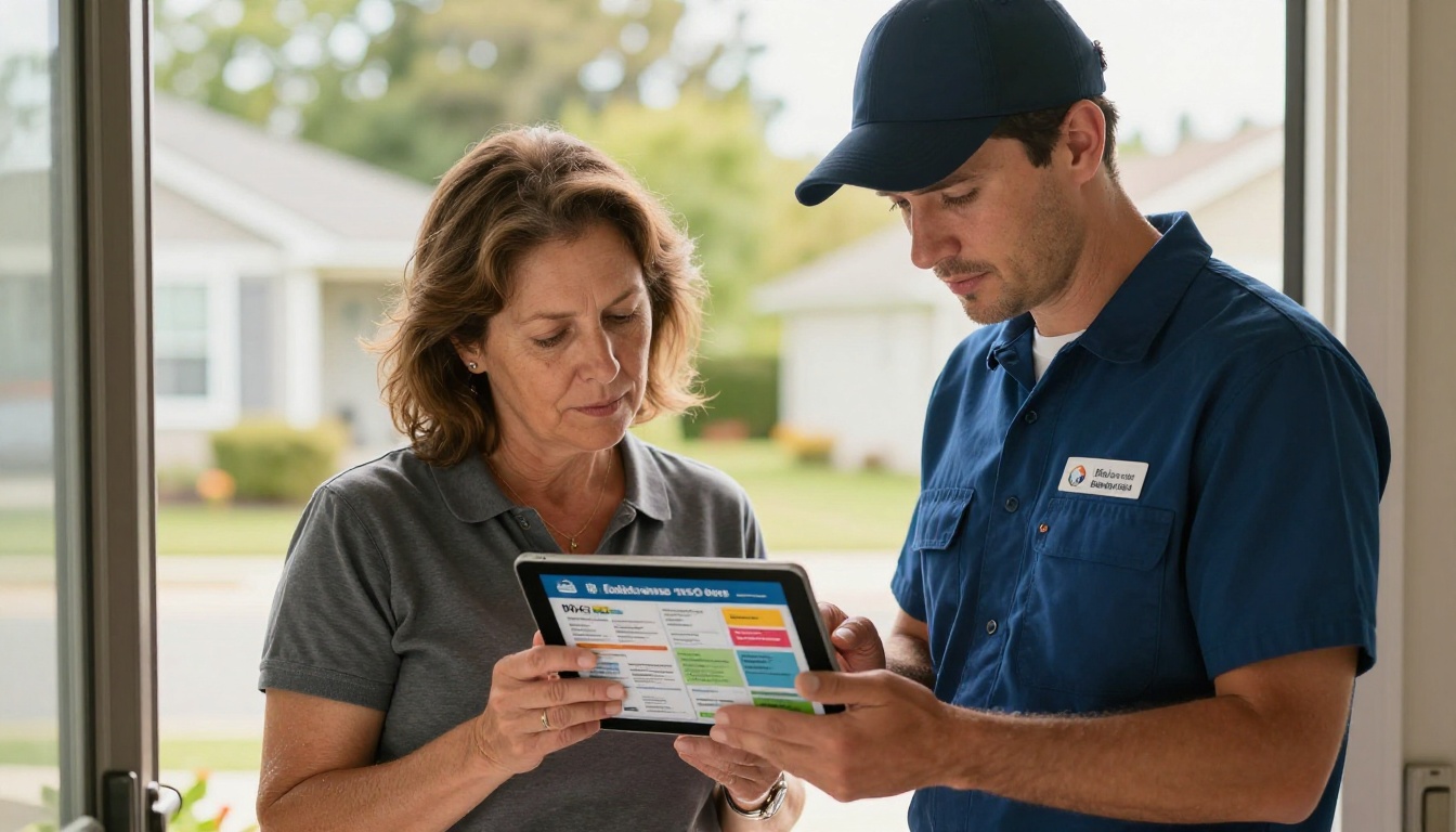 Homeowner reviewing HVAC service brochure with technician Homeowner reviewing HVAC service brochure with technician