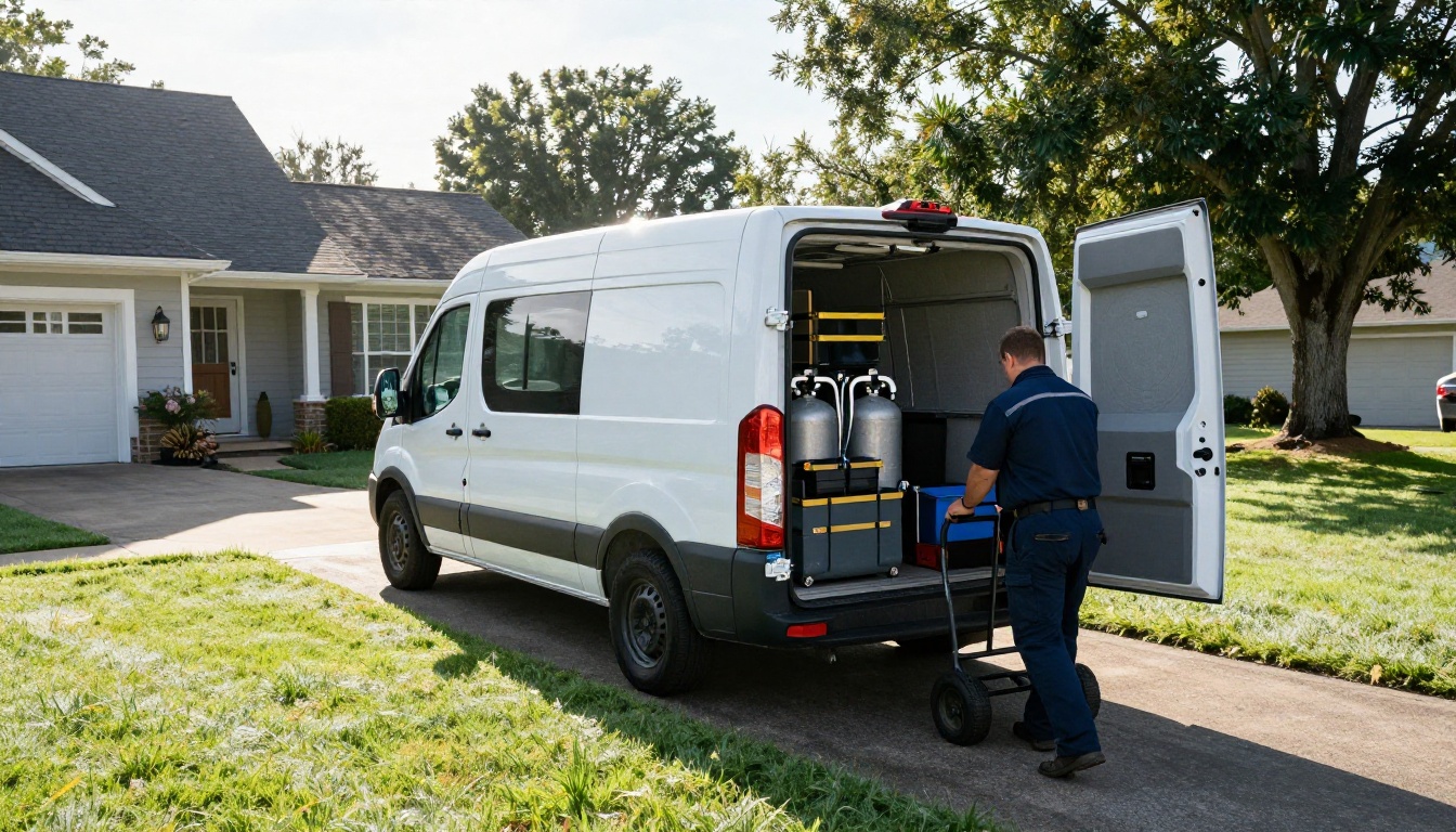 HVAC service van at residential home HVAC service van at residential home