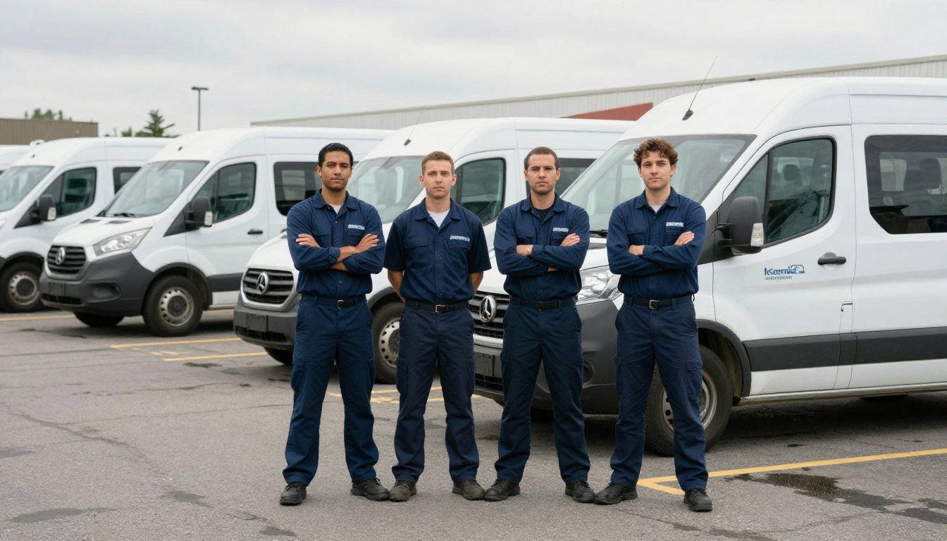 HVAC team of four technicians in front of company vans HVAC team of four technicians in front of company vans