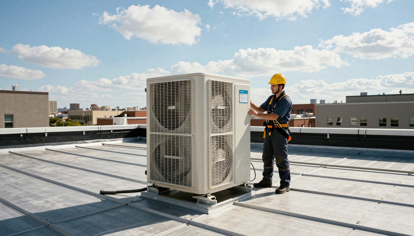 HVAC technician on rooftop installing commercial HVAC unit