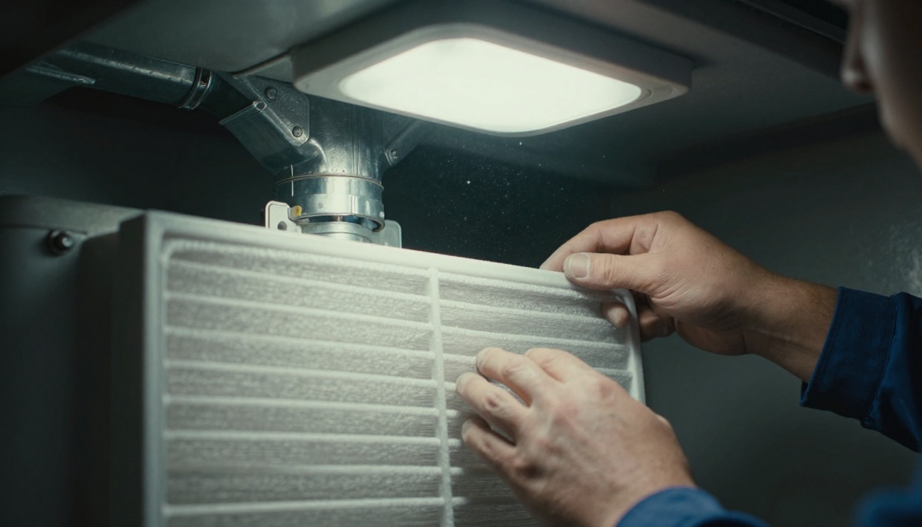 HVAC technician installing air filter in utility closet