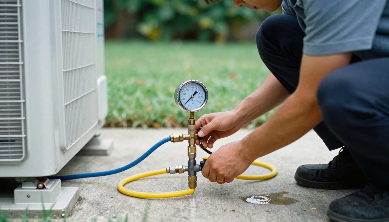 HVAC technician checking refrigerant gauge manifold beside condenser unit