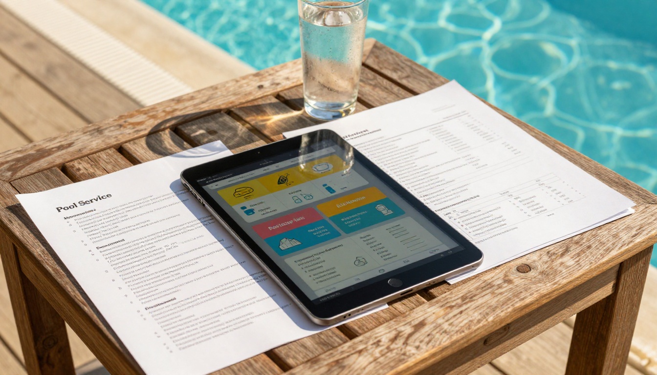 Aerial overhead shot of pool service documents and tablet showing digital flipbook beside swimming pool