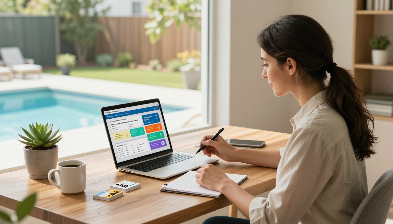 Pool service business owner at modern home office desk reviewing interactive service plan flipbook on laptop with pool visible through backyard window