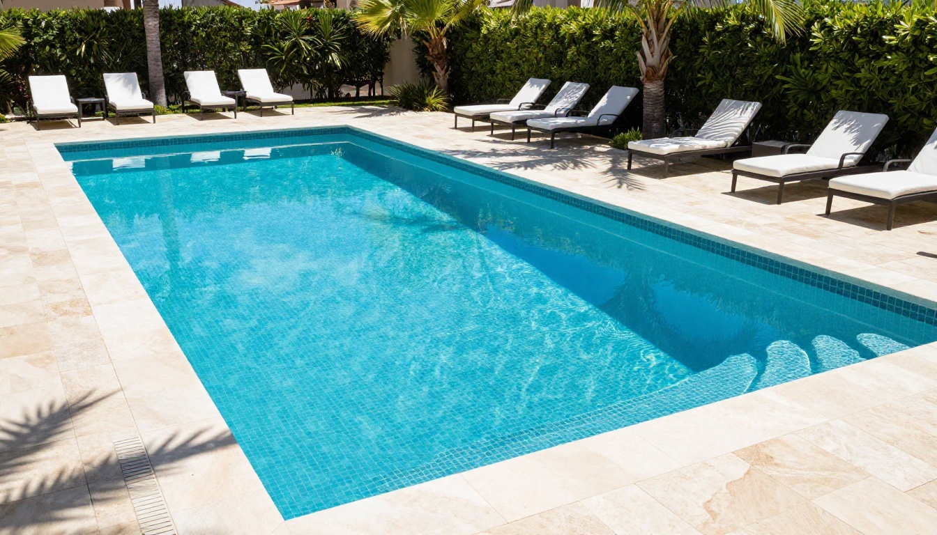 Wide shot of a pristine luxury residential swimming pool with mosaic tile work on a bright sunny day