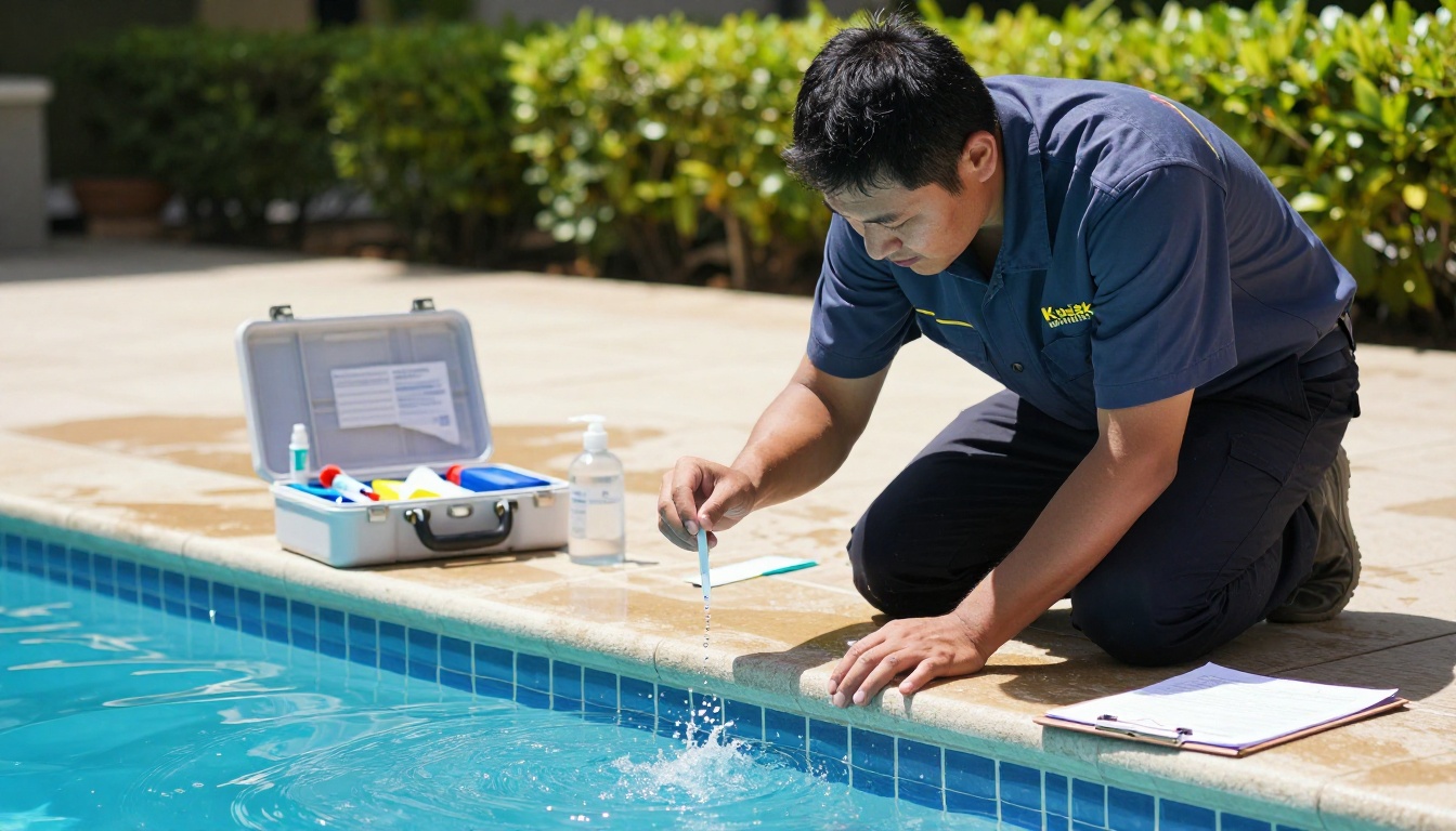 Pool service technician kneeling at pool edge dipping a test strip into clear sparkling water with professional kit open beside him