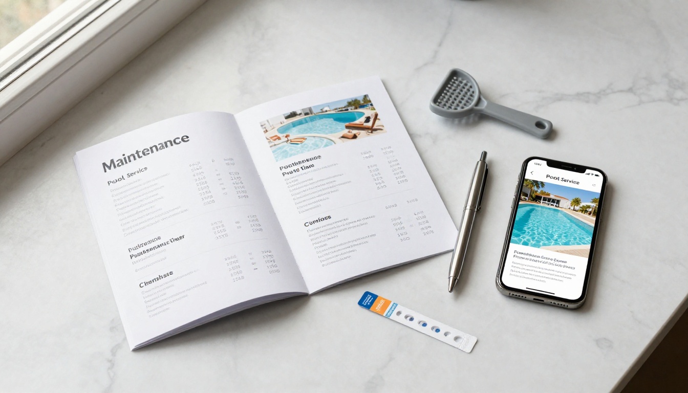 Elegant flat-lay of pool service brochure materials, test strips, and smartphone showing digital flipbook on white marble surface