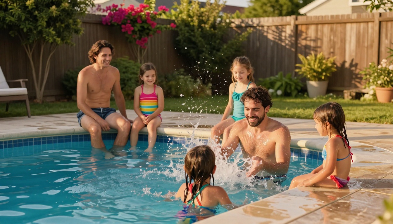 Happy family of four enjoying a clean backyard swimming pool on a warm sunny afternoon with lush garden surroundings Happy family of four enjoying a clean backyard swimming pool on a warm sunny afternoon with lush garden surroundings