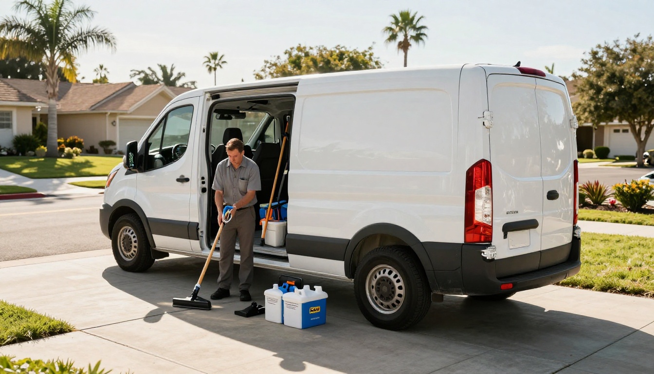 White pool service company van with rear doors open showing organized equipment, technician loading pool gear in sunny residential driveway White pool service company van with rear doors open showing organized equipment, technician loading pool gear in sunny residential driveway