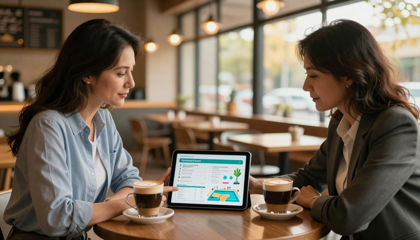 Two business owners sitting at a bright coffee shop table reviewing a digital service plan flipbook on a tablet together Two business owners sitting at a bright coffee shop table reviewing a digital service plan flipbook on a tablet together